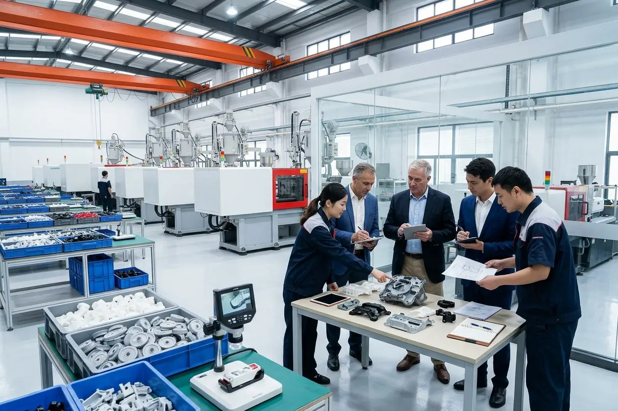 Plastic injection molding machine producing custom molded components