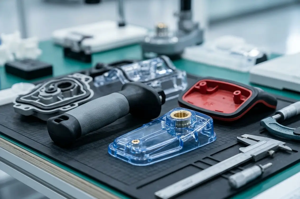 Plastic injection molded component with insert molded features