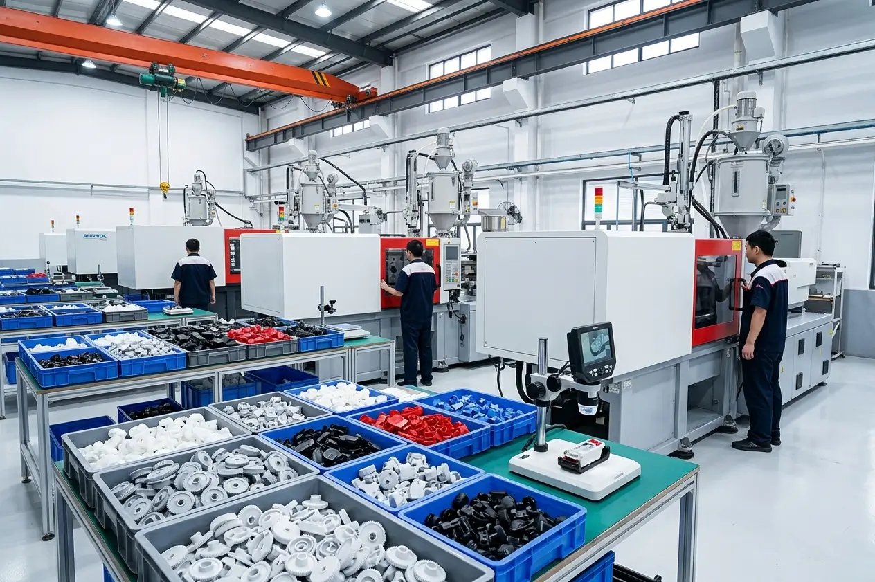 Plastic injection molding machine producing custom molded components